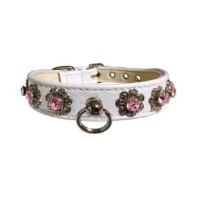 Starlite Faux Leather Collar with Crystal Flowers in White & Pink