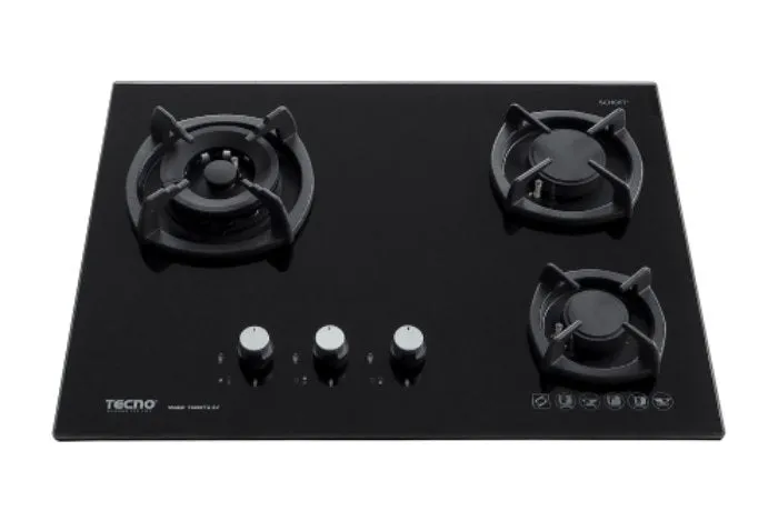 TECNO T 6000TGSV BK/CGY 3-Burner 65cm Glass Cooker Hob with Inferno Wok Burner Technology