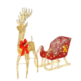 timeless 3D Lighted Christmas 2-Piece Deer Set Outdoor Yard Decoration LED Lights - Gold Golden Reindeer Sleigh