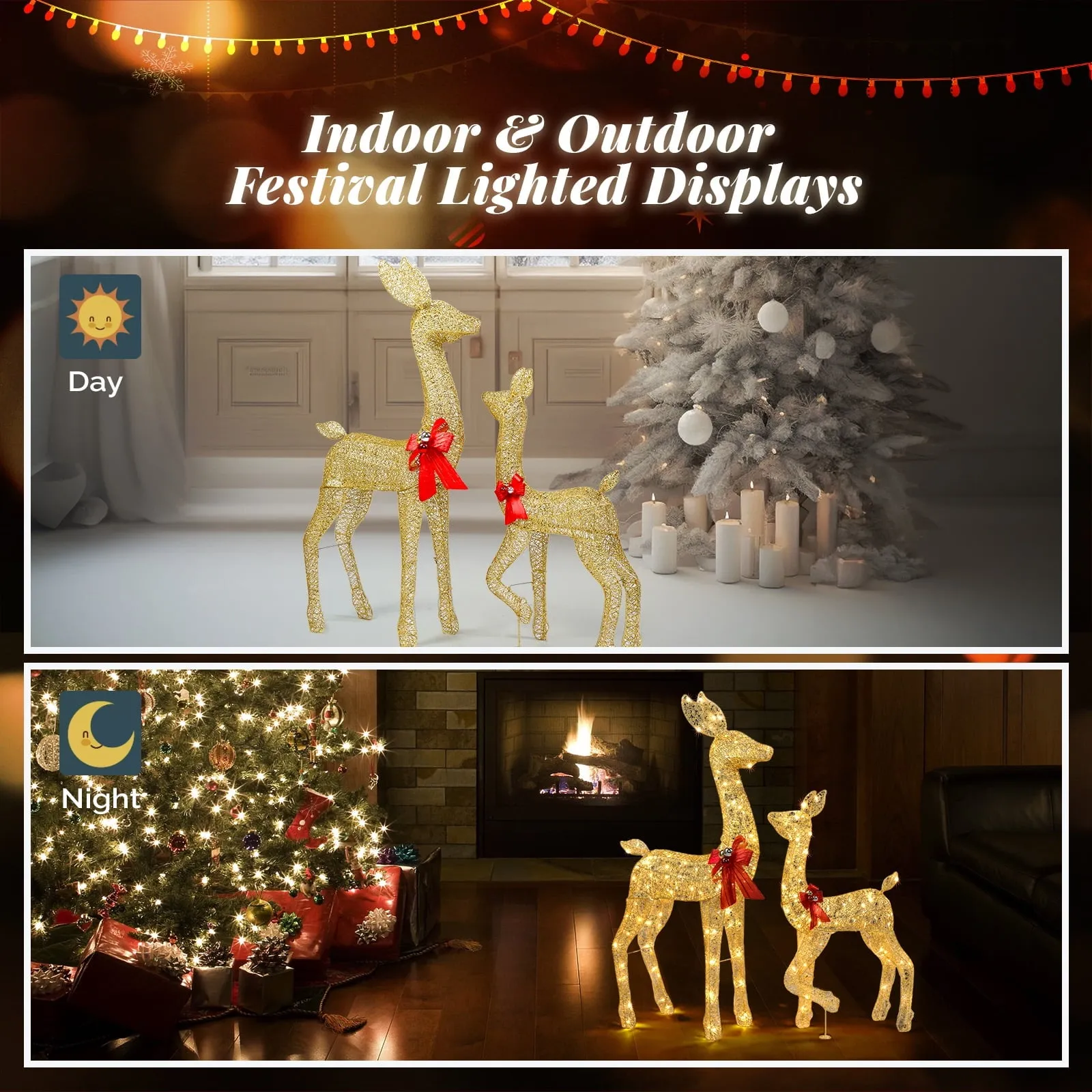 valiant 3D Lighted Christmas 2-Piece Deer Set Outdoor Yard Decoration LED Lights - Gold 2-Piece Reindeer