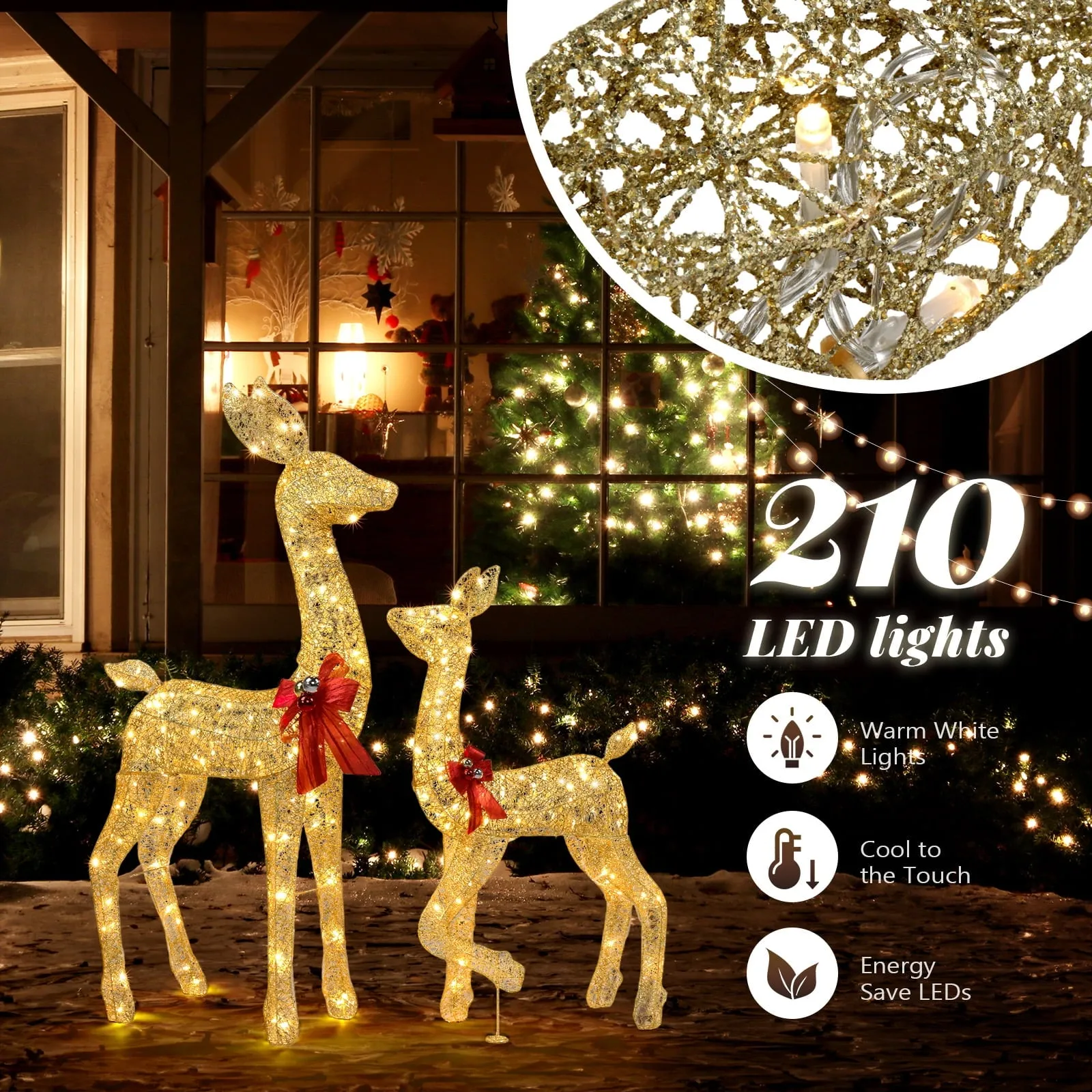 valiant 3D Lighted Christmas 2-Piece Deer Set Outdoor Yard Decoration LED Lights - Gold 2-Piece Reindeer