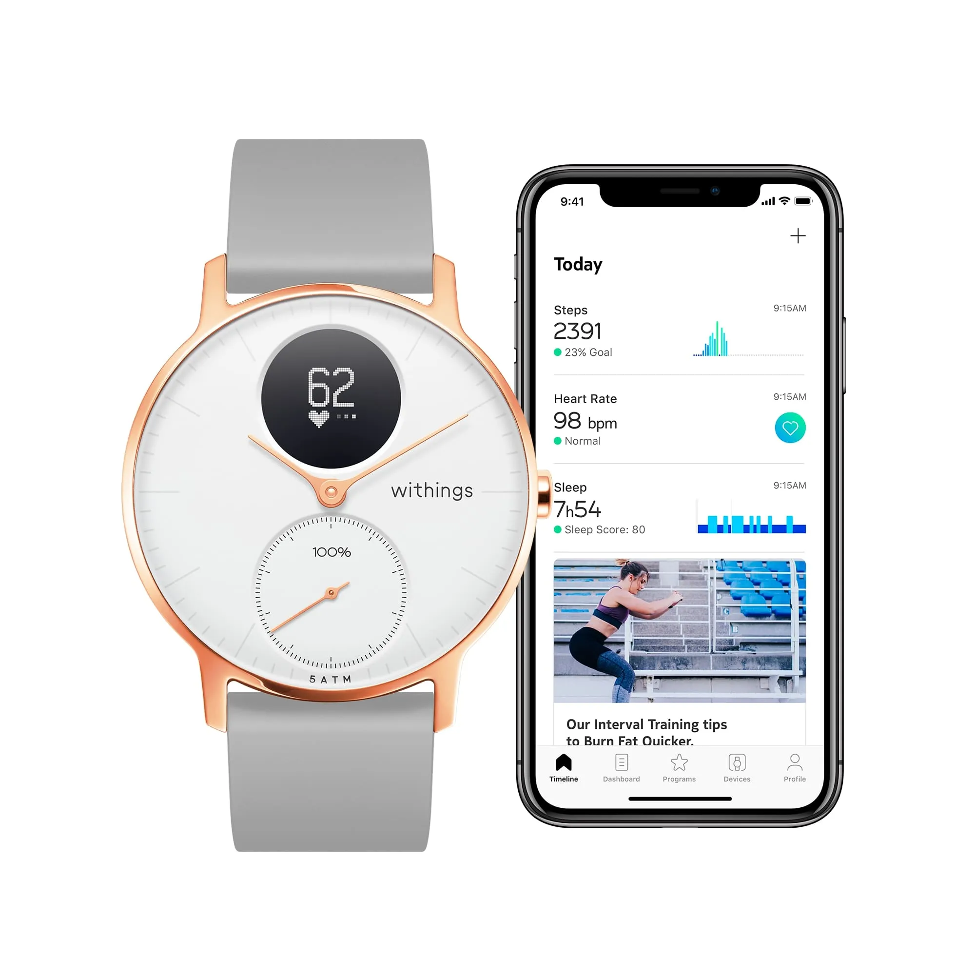 Withings Steel HR Hybrid Smartwatch - 36mm Rose Gold / Grey